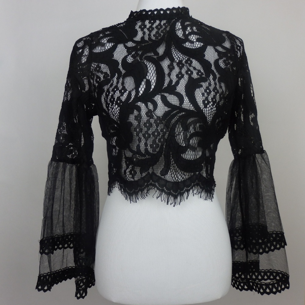 Black Lace Bell Sleeve Blouse